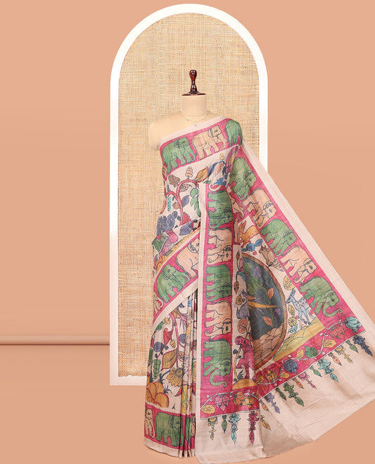 Sandal Fancy Tussar Saree Features Kalamkari Floral and Animal Print, Contrast Elephant Border, Kalamkari Pallu, and a Contrast Blouse