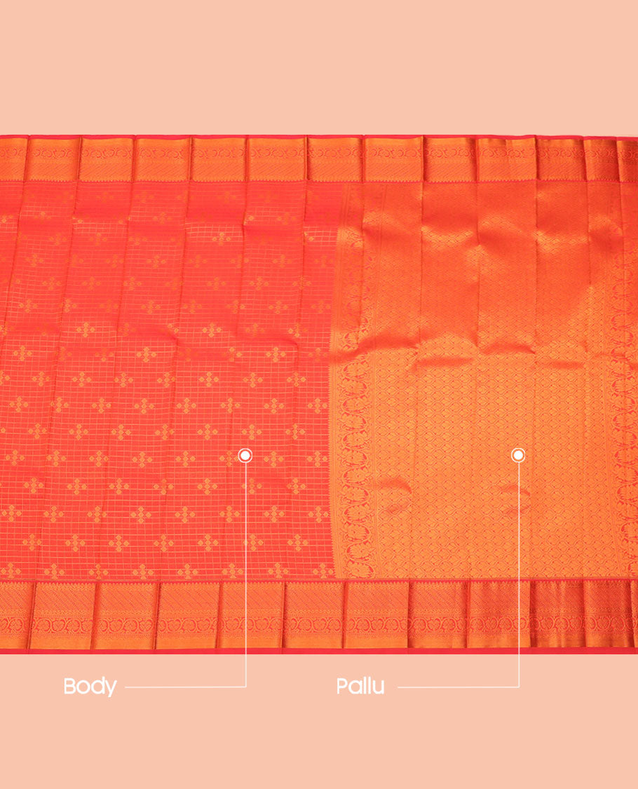 Orange Budget Silk Saree, Bedecked with Zari Buttas and Checks All Over Its Body, Highlighted by a Traditional Zari Design Border, Ogee-Patterned Pallu, and Paired with a Matching Blouse