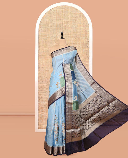Blue Dupion Silk Saree, Accentuated with Rangkat-Style Mughal Designs, a Contrast Traditional Zari Border, Ogee Pallu, and a Contrast Blouse