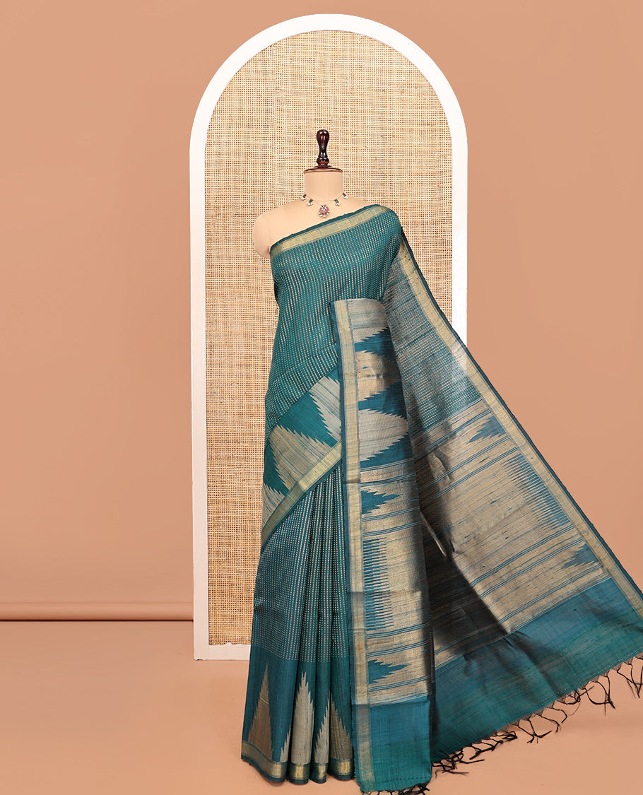 Rama Dupion Silk Saree, Steeped with Dotted Stripes, a Zari Temple Border, Gleaming Striped Pallu, and a Matching Blouse