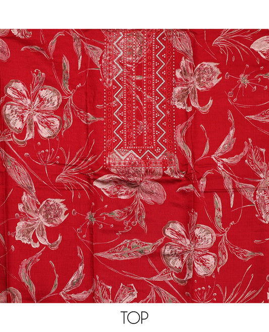 Red Material Chudidar Set, Decked Up with Floral Print and Neck Embroidery on Rayon Top, a Plain Rayon Bottom, and Paired with a Matching Embroidered Chanderi Silk Dupatta