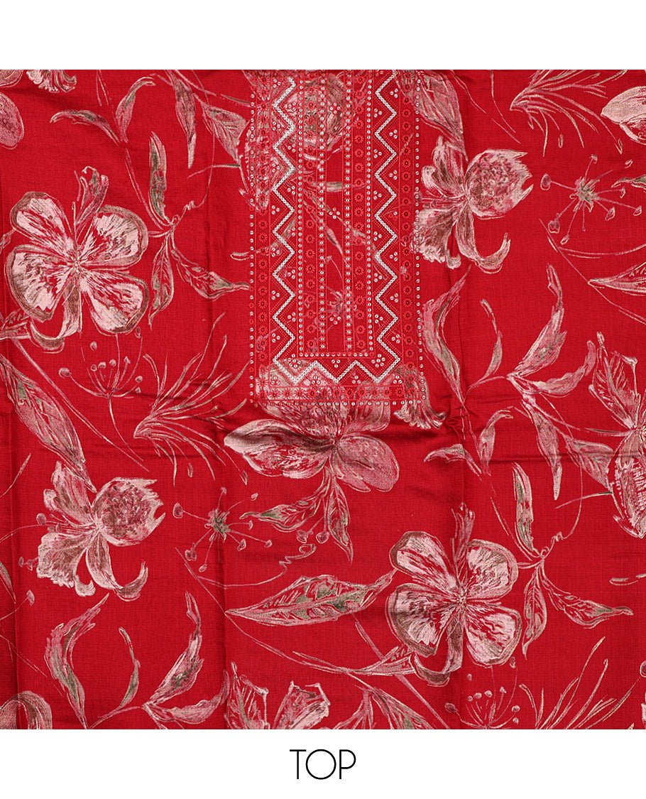 Red Material Chudidar Set, Decked Up with Floral Print and Neck Embroidery on Rayon Top, a Plain Rayon Bottom, and Paired with a Matching Embroidered Chanderi Silk Dupatta
