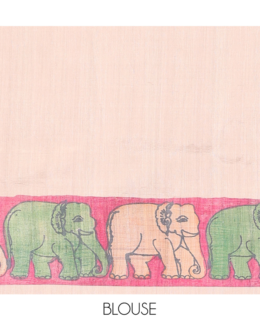 Sandal Fancy Tussar Saree Features Kalamkari Floral and Animal Print, Contrast Elephant Border, Kalamkari Pallu, and a Contrast Blouse