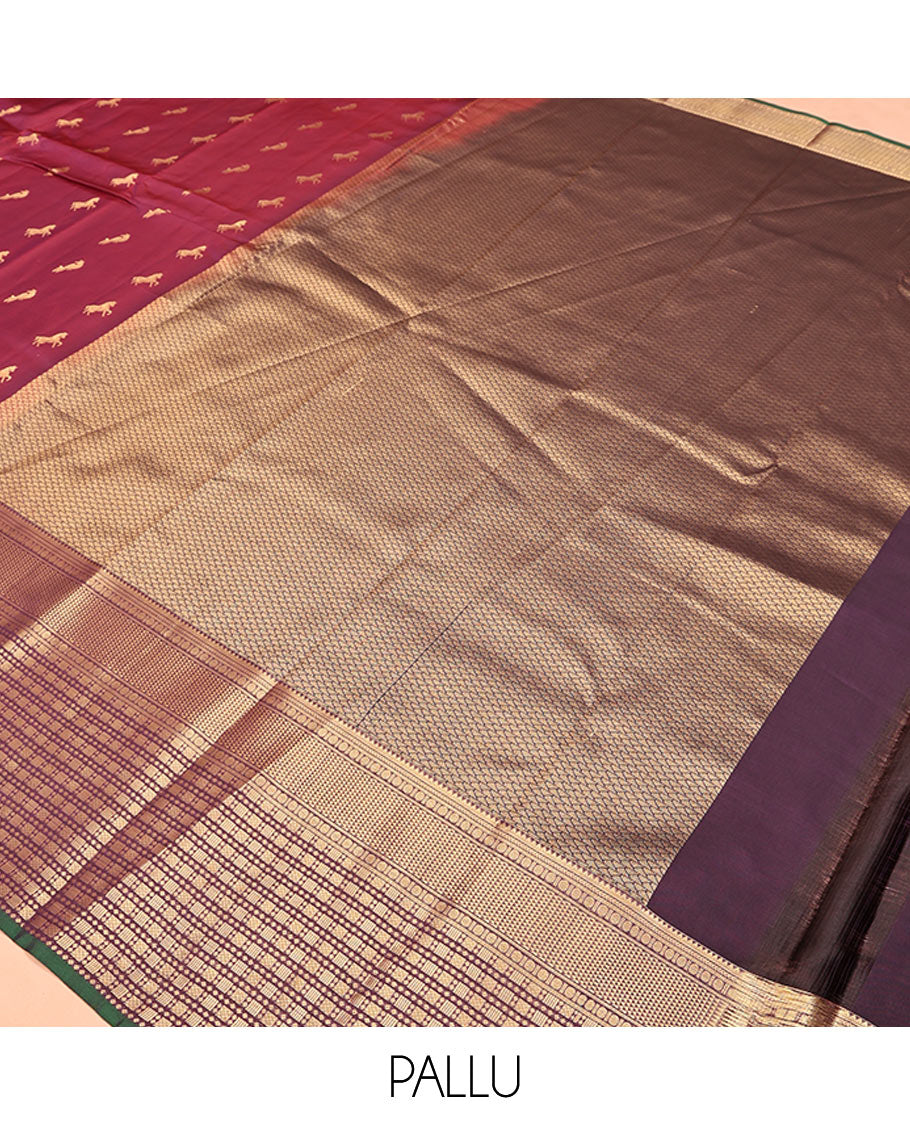 Maroon Vasundhara Lite Silk Mix Saree, Embellished with Zari Buttas All Over Its Body, Complemented by Contrast Border of Rekku, Kathir, Poun, Ara Maadam, and Geometric Patterns, Grand Pallu and Paired with a Contrast Blouse