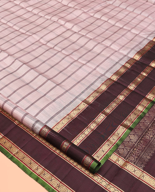 Pink Kanchipuram Silk Saree, Prettified with Stripes, Contrast Varisai Pettu Border of Laddu Kamalam, Muthu, and Rudraksham Designs, Pallu of Intricate Design, and a Contrast Blouse