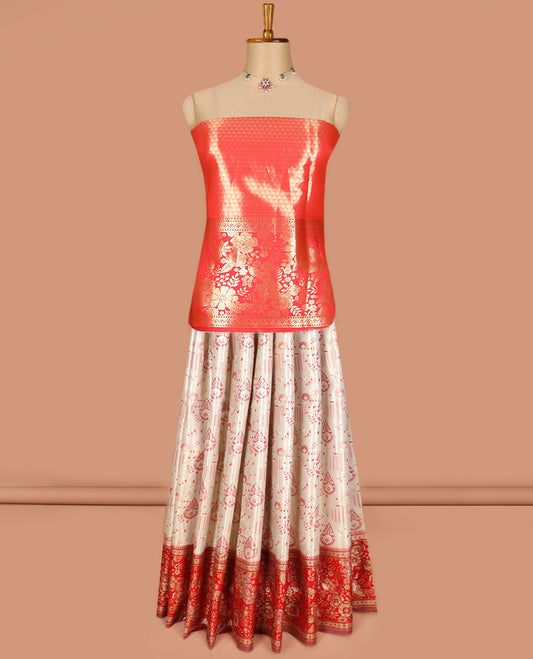 Sandal Art Silk Material Half Saree Set Featuring Jacquard Skirt, a Contrast Floral Zari Design Border, a Zari-Jacquard Blouse, and a Dhavani Graced with Zari Designs