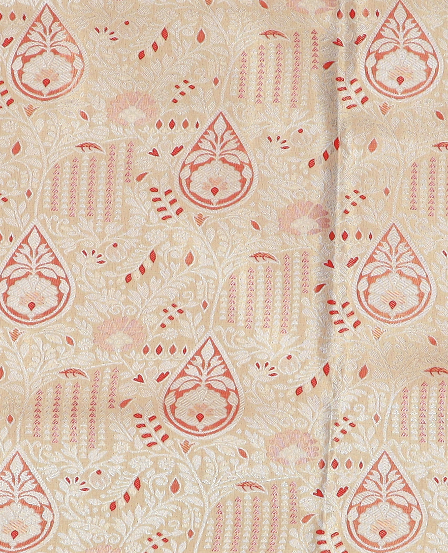 Sandal Art Silk Material Half Saree Set Featuring Jacquard Skirt, a Contrast Floral Zari Design Border, a Zari-Jacquard Blouse, and a Dhavani Graced with Zari Designs