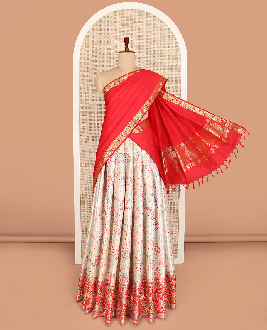 Sandal Art Silk Material Half Saree Set Featuring Jacquard Skirt, a Contrast Floral Zari Design Border, a Zari-Jacquard Blouse, and a Dhavani Graced with Zari Designs