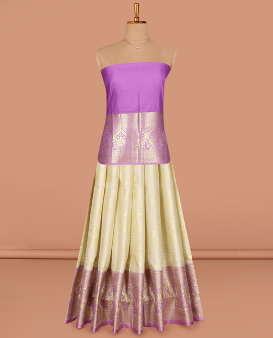 Cream Art Silk Pavadai Material Set, Steeped in Richness of Jacquard Designs on Its Skirt, Complemented by a Contrast Mughal-Style Zari Design Border, and Paired with a Contrast Blouse
