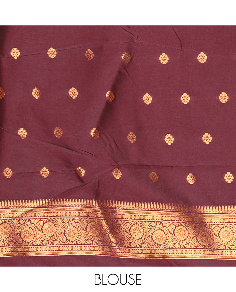 Maroon Kanchi Tissue Saree Embellished with Floral and Thilakam Jacquard Designs, Highlighted with Traditional Zari Design Border, Gleaming Copper Zari Woven Pallu, and Paired with a Matching Blouse