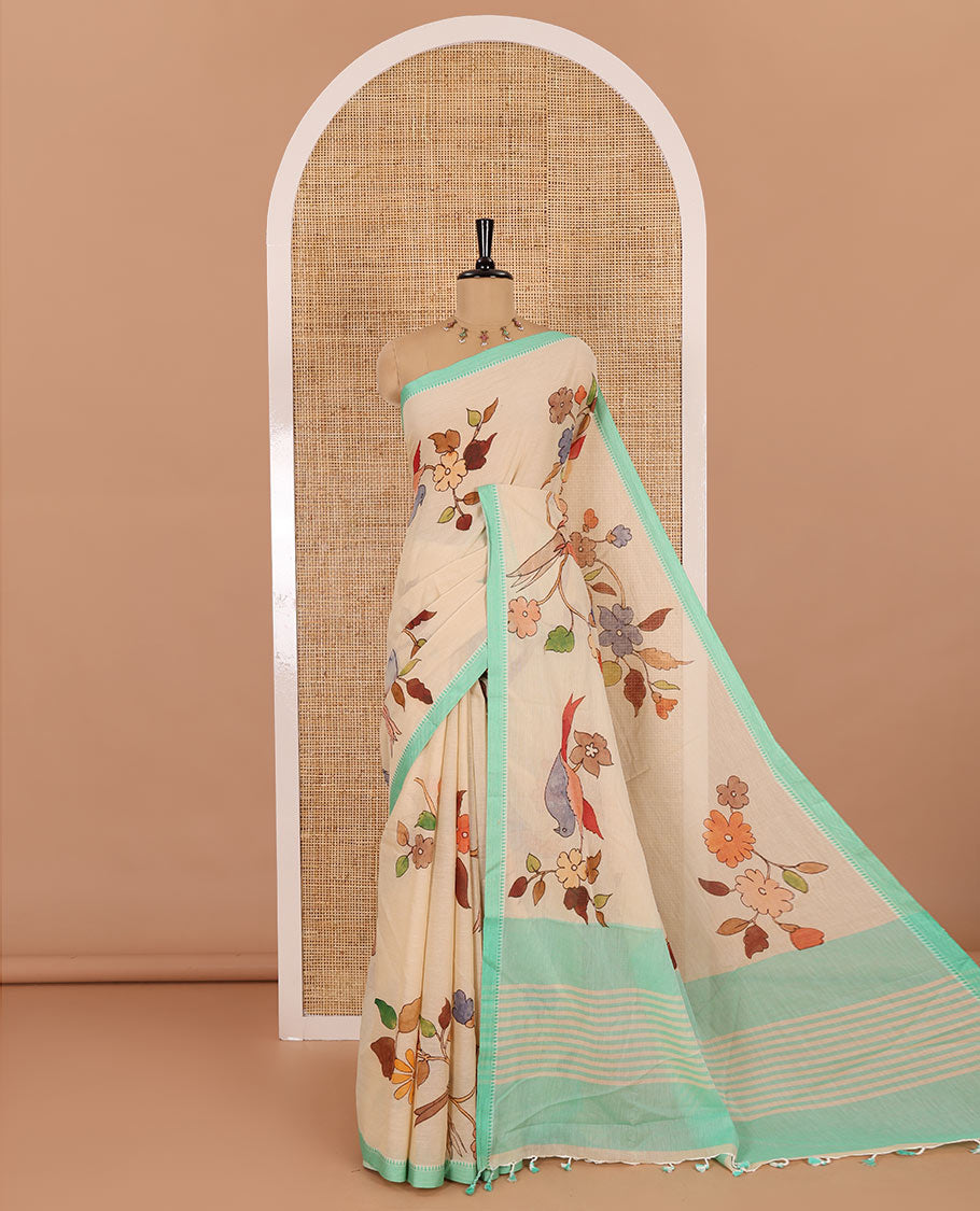 Chikku-green macow parrot and floral printed Mangalgiri cotton saree, contrast thread traditional border, astriped pallu, and floral-stripes printed blouse
