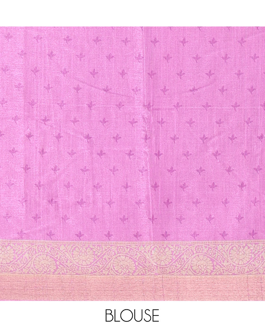 Blue Katan Silk Saree Decked up with Stripes and Round Buttas on Its Body, Complemented by a Contrast Border of Floral Creeper Designs, Geometric Patterned Pallu, and Paired with a Contrast Blouse