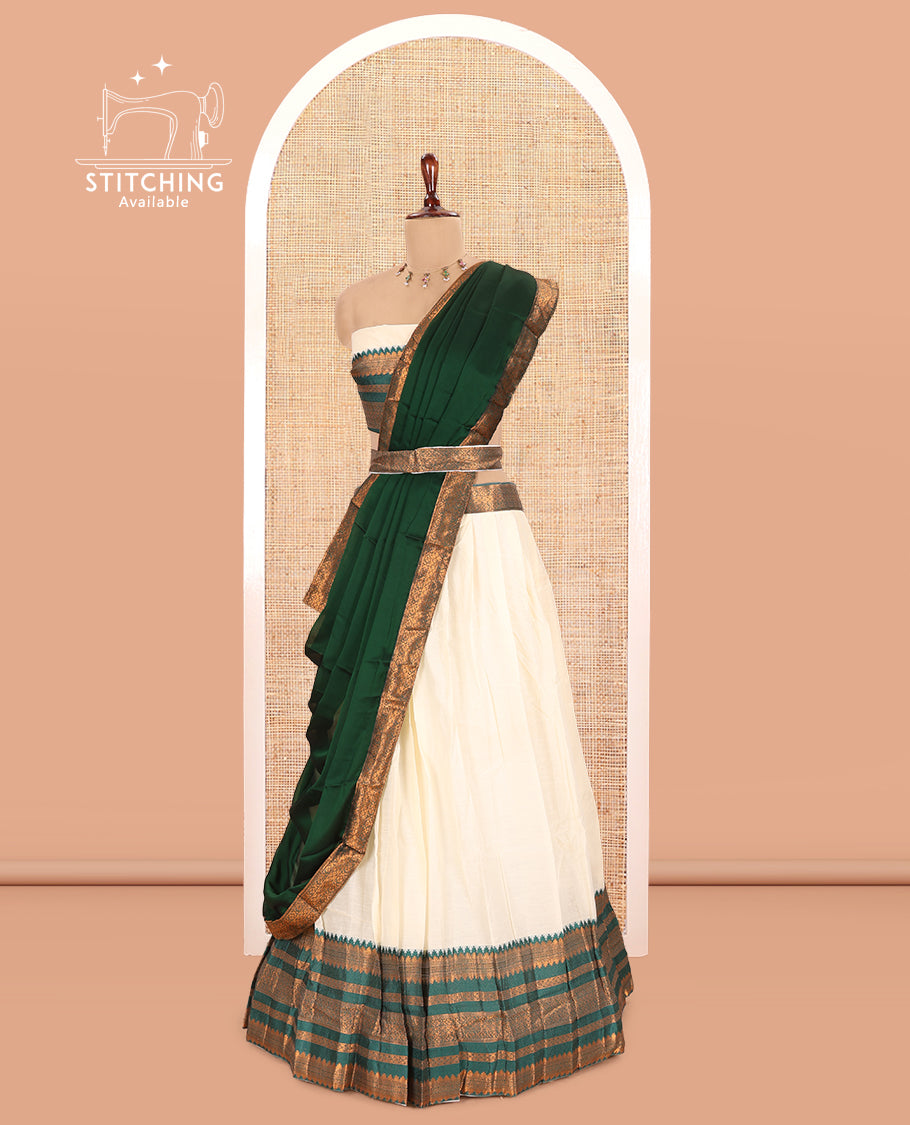 Cream-Green Semi-Silk Half-Saree
