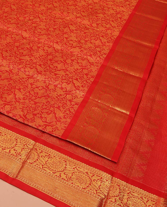 Rust Kanchipuram Wedding Silk Saree, Elevated with Jacquard Design On Its Body, Highlighted by Zari Border of Kodi Visiry, Neli, and Vanki Designs, Delicately Woven Pallu, and Paired with a Matching Blouse