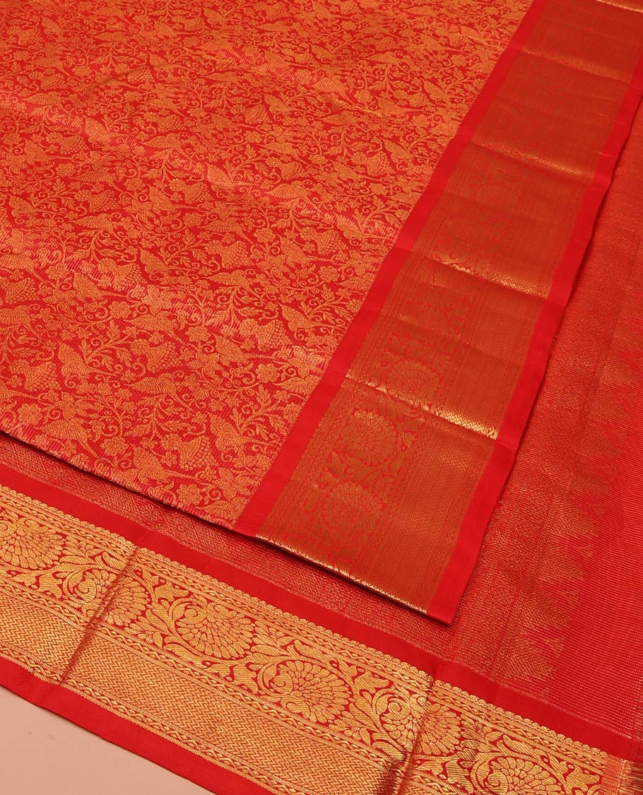 Rust Kanchipuram Wedding Silk Saree, Elevated with Jacquard Design On Its Body, Highlighted by Zari Border of Kodi Visiry, Neli, and Vanki Designs, Delicately Woven Pallu, and Paired with a Matching Blouse