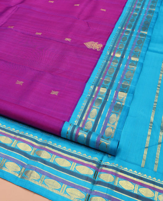 Rani Pink Kanchipuram Silk Saree, Enriched with Zari Buttas, Complemented by a Contrast One-Sided Korvai Border of Rekku, Banaras, Muthu, Kathir, and Poun Designs, Pallu of Horse Chariot Designs, and Comes Without a Blouse