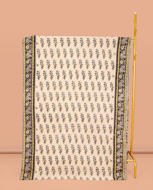 Cream Machine-Printed Kalamkari Cotton Saree, Decked Up with Floral Motifs on Its Body, Complemented by a Contrast Floral Printed Border, Pallu of Kalamakri Peacock Print, and Paired with a Printed Blouse
