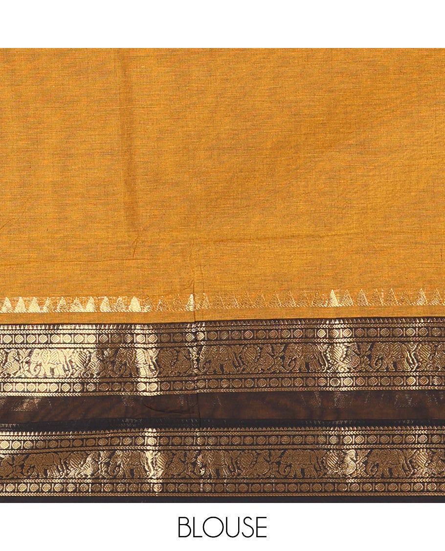 Mustard Plain Chettinad Cotton Saree, Complemented by a Contrast Rettai Pettu Lite-Gold-Zari Border of Temple, Coin, Elephant, and Peacock Designs, Subtly Striped Pallu, and Paired with a Matching Blouse