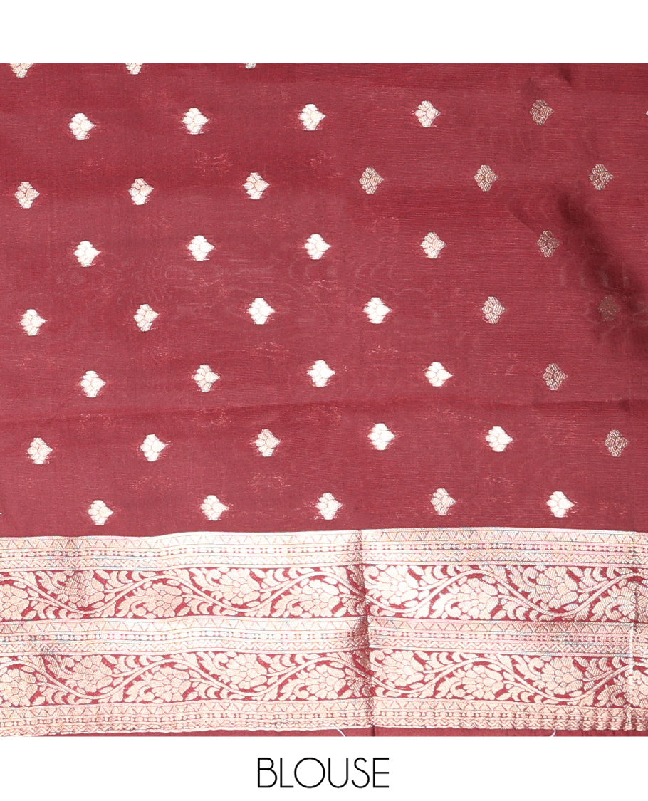 Dark Maroon Litchi Saree Features Tissue-Zari Weave, a Temple Kodi Visiry Border, Grand Pallu and a Matching Blouse