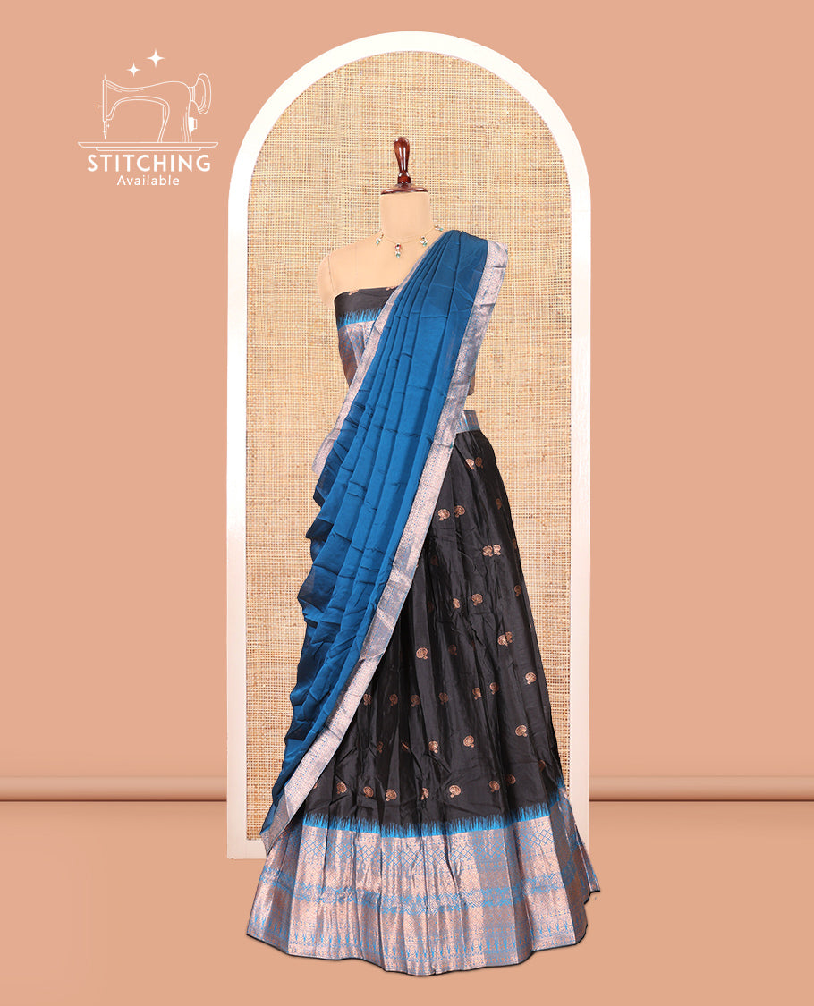 Black-Firozi Blue Semi-Silk Half-Saree Features Zari Buttas Skirt, Contrast Traditional Zari Border, a Matching Blouse, a Contrast Blouse