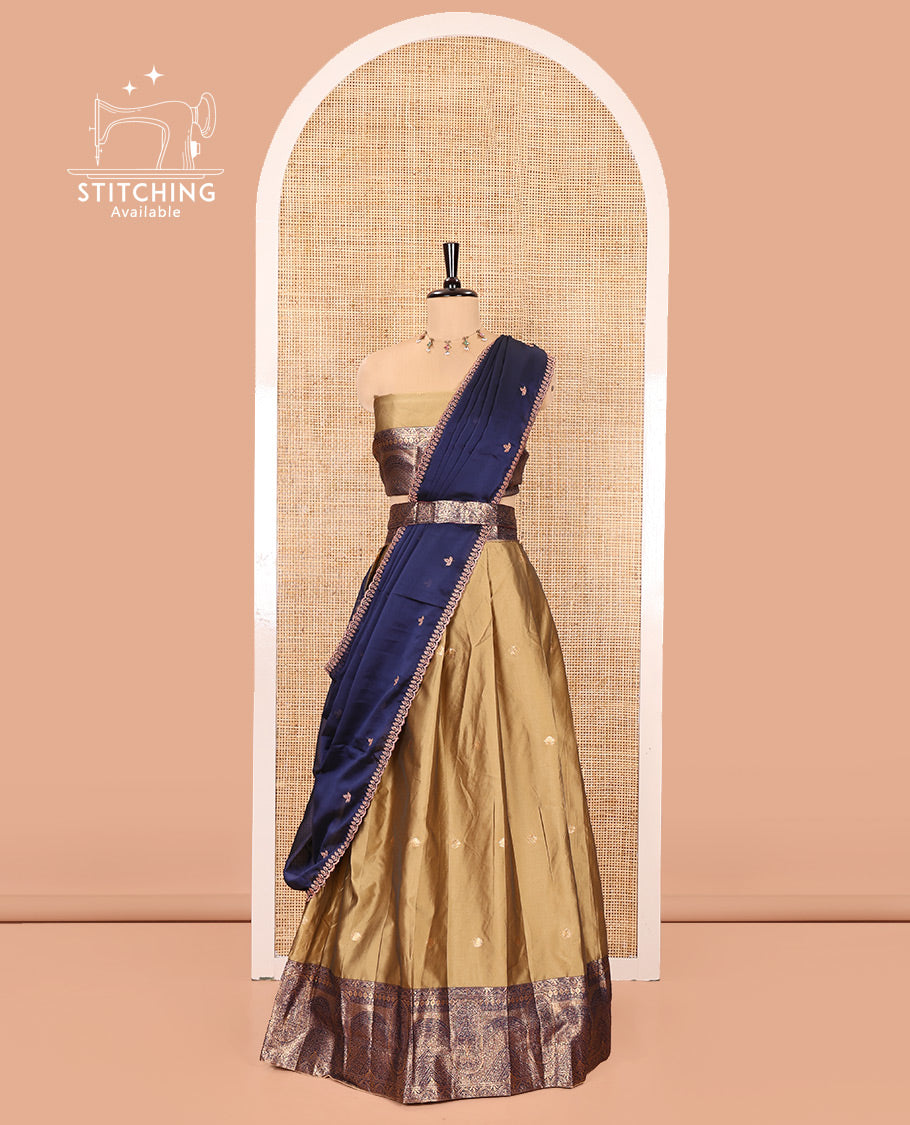Liril Green and Blue Semi-Banarasi Half-Saree, Delicately Woven with Zari Buttas on Its Skirt, Complemented by a Contrast Geometric Patterns Zari Woven Border, Paired with a Matching Blouse, and a Contrast Satin Georgette Embroidered Scallop Dhavani