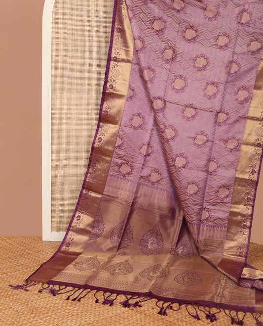Purple floral design soft silk saree with contrast zari design border & floral design pallu