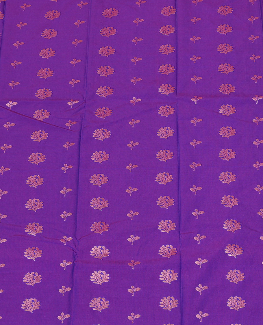 Violet Art Silk Pavadai Material Set Enriched with Floral Zari Buttas All Over the Skirt, Complemented by a Contrast Floral Jaal Zari Border, and Paired with a Contrast Blouse