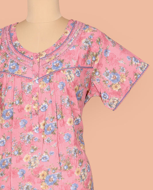 Pink Cotton Nighty Decked Up with Floral Print, Featuring Lace Work, Round Front Neck, and Half  Sleeves