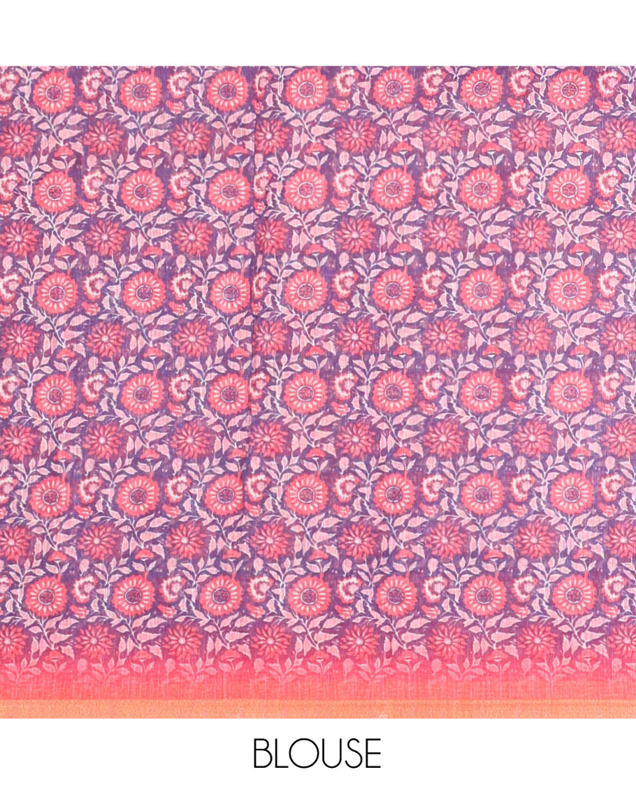 Pink Linen Cotton Saree, Adorned with Floral Motifs Printed on Its Body, Subtle Piping Border, Complemented by a Contrast Floral Printed Blouse, and Paired with a Contrast Blouse