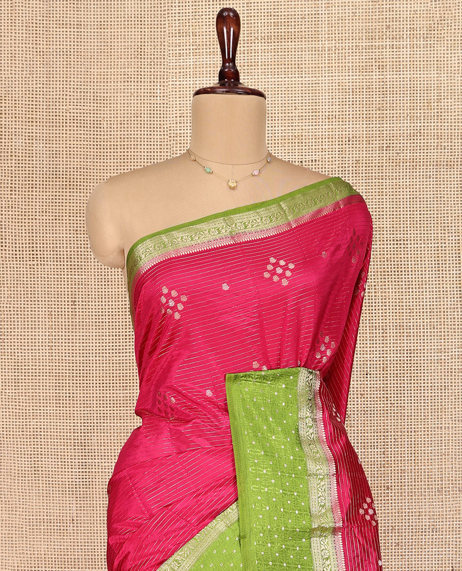 Pink Semi-Banaras Dupion Saree, Detailed with Zari Buttas and Stripes, Complemented by Contrast Traditional Border, Zari Striped Pallu, and a Contrast Blouse