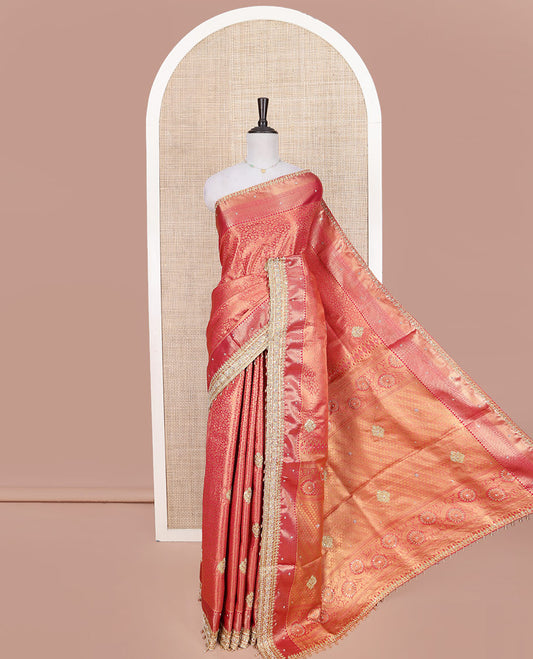 Red Vastrakala Silk Saree, Beautifully Highlighted with Floral Jacquard and Patch Stone Work, Highlighted by Traditional Zari and Lace Embroidered Border, Grand Scallop Design Stone Work Pallu, and Paired with Heavy Embroidered Blouse