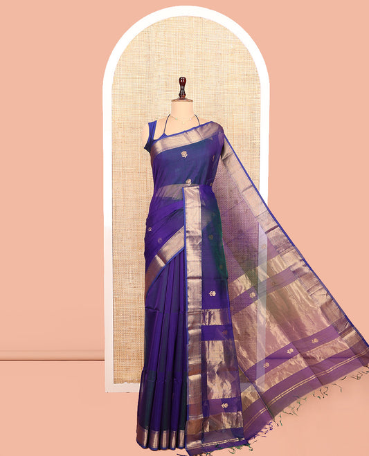 Blue Maheshwari Cotton Saree, Beautified with Floral Zari Buttas All Over Its Body, Zari Border, Gleaming Zari Striped Pallu and Paired with a Matching Blouse