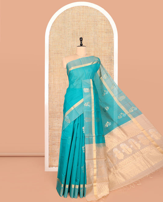 Blue Silk Cotton Saree, Adorned with Zari Buttas, Highlighted by Zari Motifs Woven Border, Contrast Intricately Designed Pallu, and a Contrast Blouse