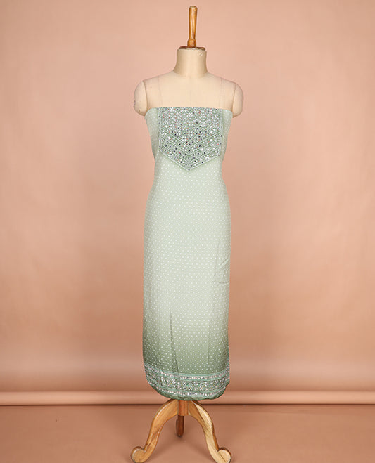 Pista green bhandani print, stone,mirror work crepe chudidhar  material top with american crepe pant & chinnon material bhandani print, mirror work dupatta