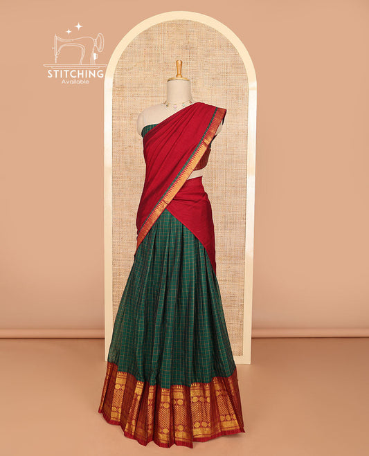 Dark green checked half saree with contrast zari design border, zari design blouse & plain, zari design border dhavani