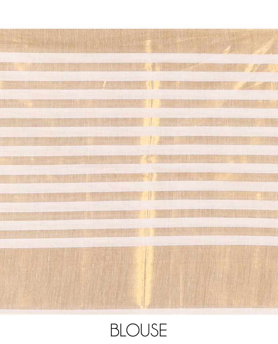 Cream Kerala Cotton Saree, Adorned with Floral Print, Highlighted by Horizontal Zari Striped Border, a Matching Blouse