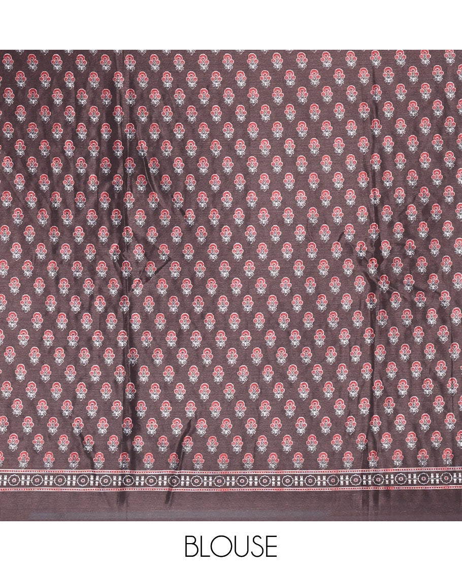 Brown Ajrakh style printed with mirror work masakali saree, printed border, intricately printed pallu, and a matching printed blouse