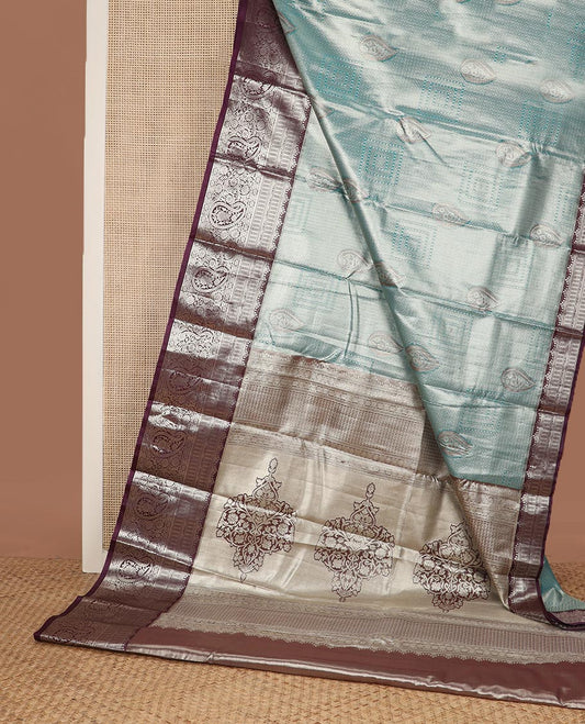 Blue geometric jacquard budget silk saree, contrast traditional zari border of floral jaal design and Mughal floral design pallu