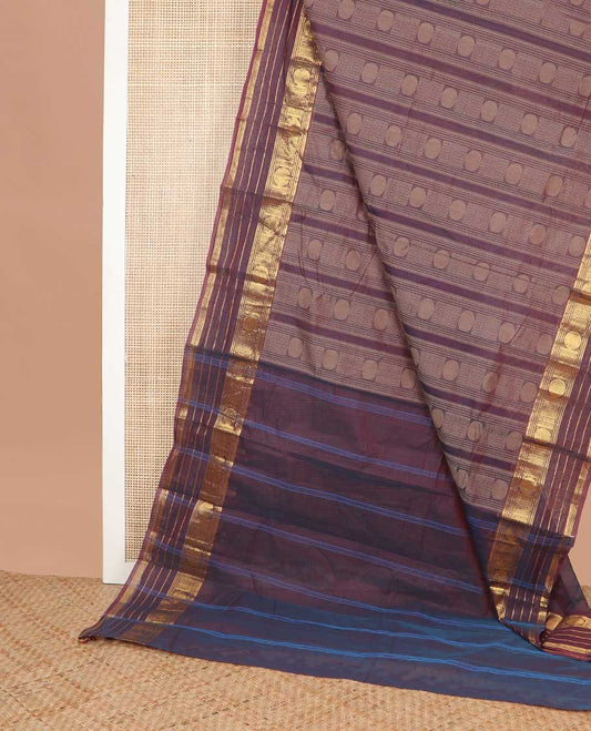 Violet geometric design kanchi cotton saree with contrast zari design border & striped pallu