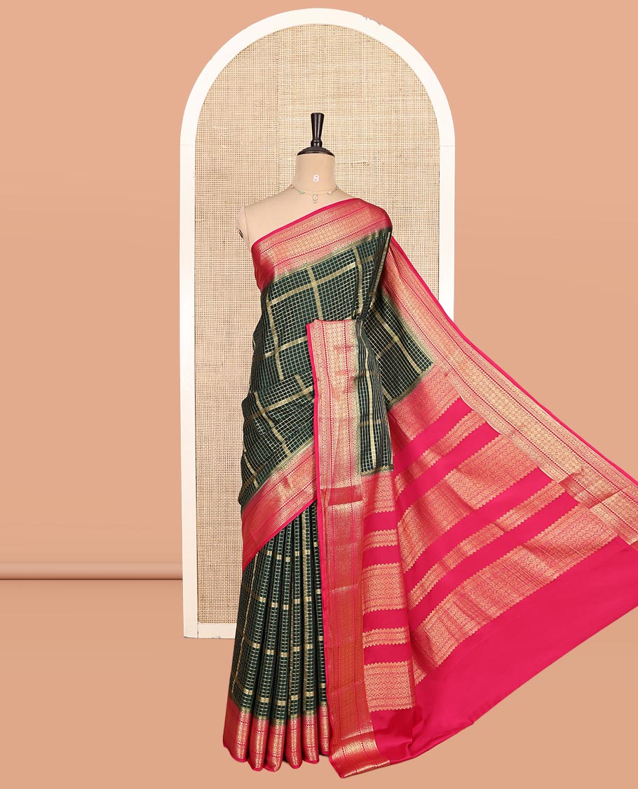 Bottle Green Fancy Mysore Silk Saree Features Zari Checks, Contrast Traditional Border, Grand Pallu, Contrast Blouse