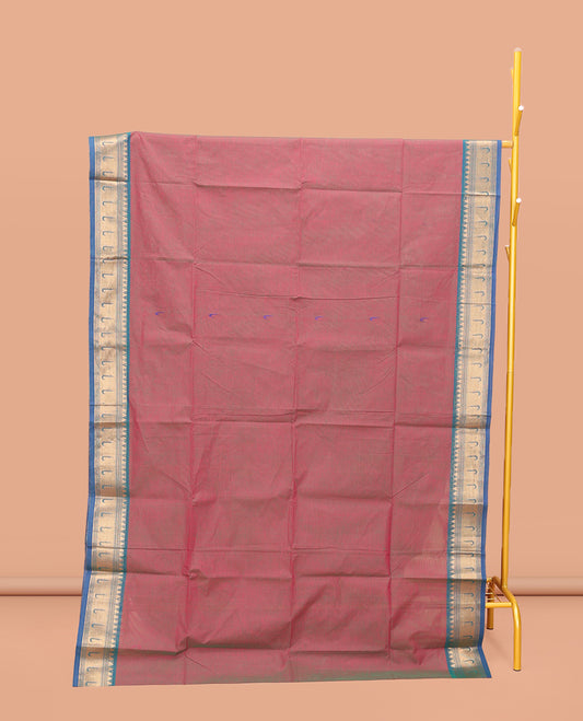Pink Dual-Toned Chettinad Cotton Saree, Steeped with Muniya Buttas On Its Body, Complemented by a Contrast Traditional Muniya Border, Pallu of Stripes, and Paired with a Matching Blouse