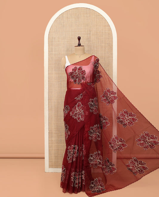 Maroon Organza Saree, Delicately Woven with Floral Embroidery, a Scallop Border, and a Matching Blouse