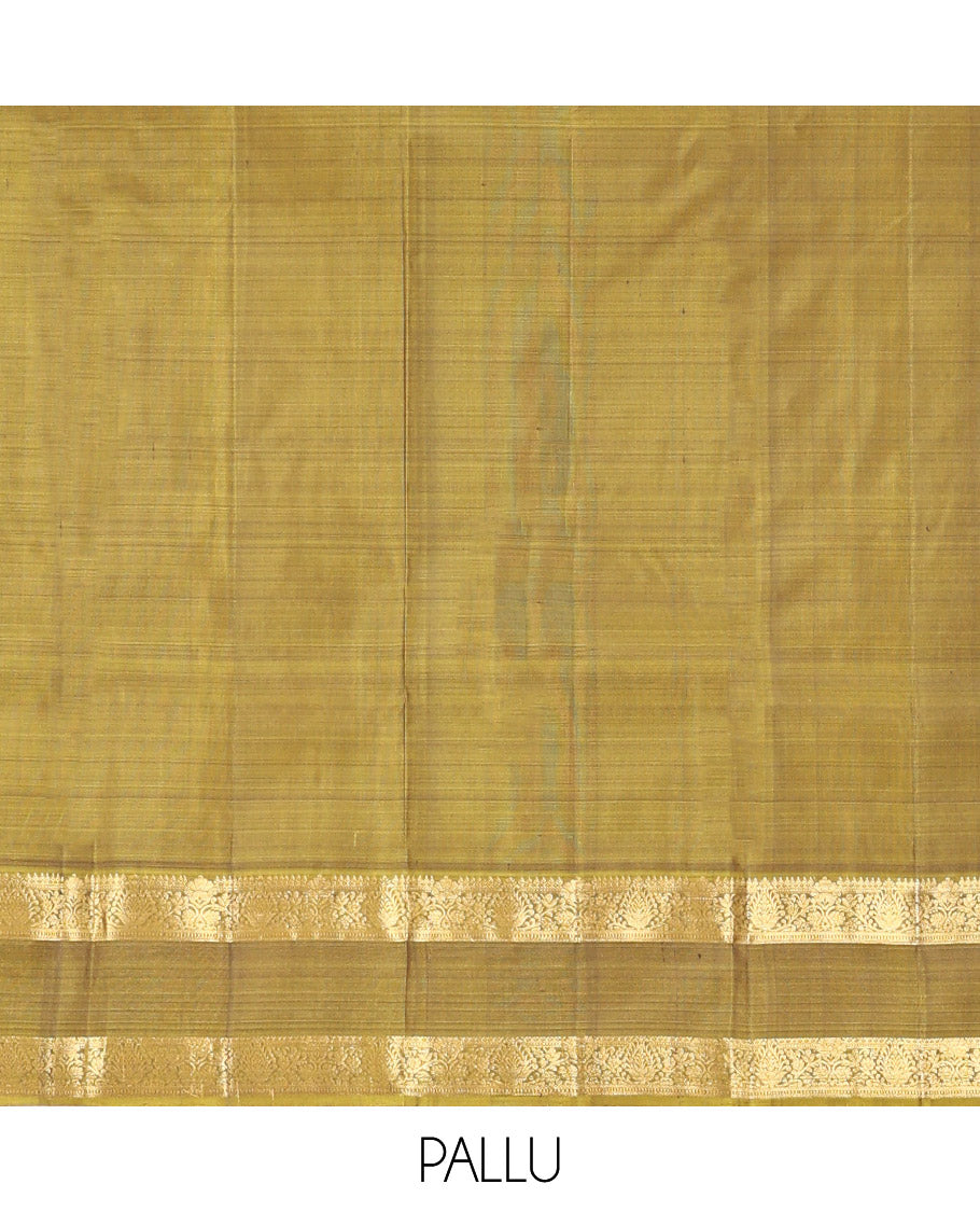 Brown Kanchipuram Silk Saree, Elegantly Adorned with Arumbu Manga Buttas All Over Its Body, Complemented by a Contrast Rettai Pettu Traditional Zari Design Border, Pallu of Rich Jaal Designs, and Paired with a Contrast Blouse
