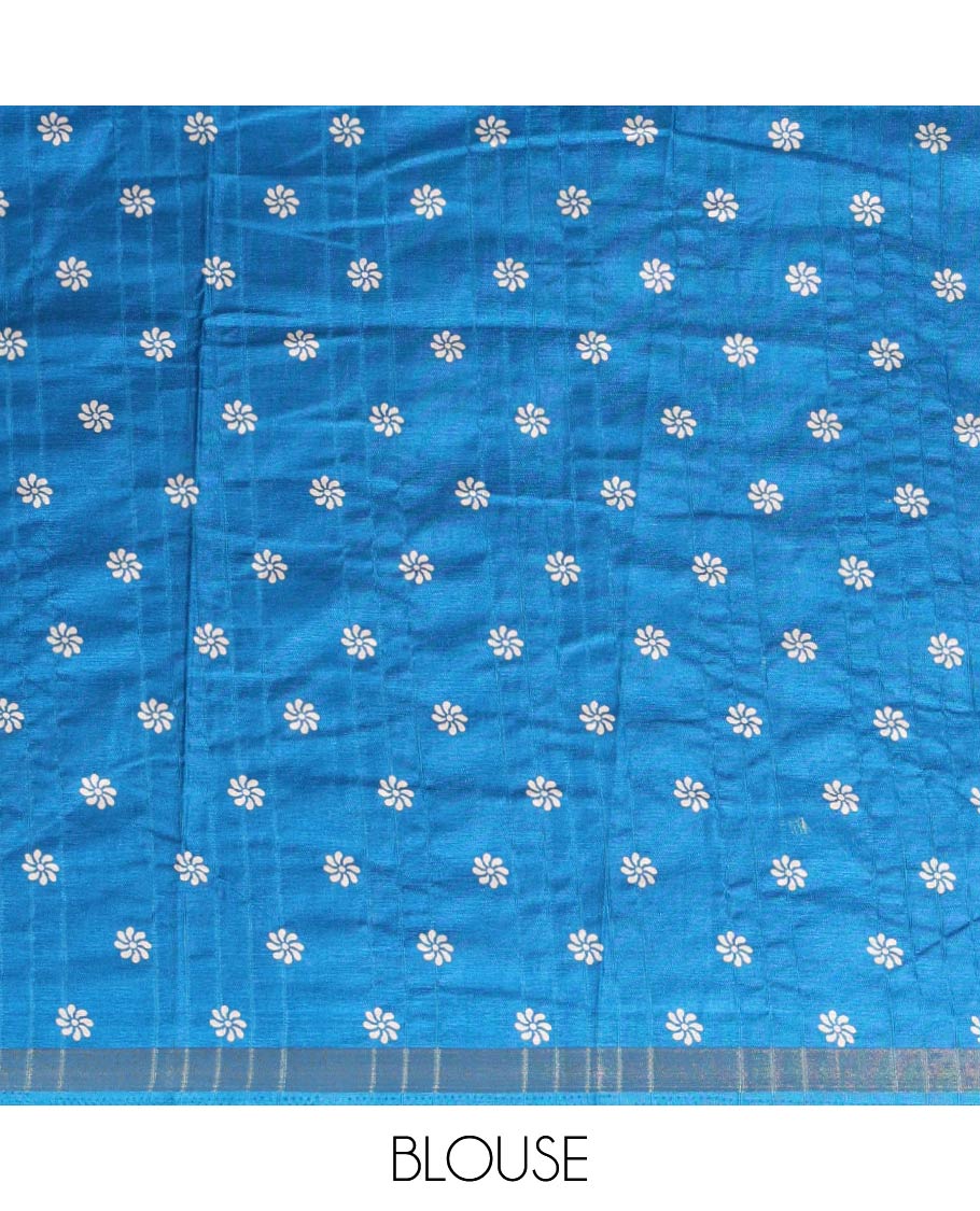 Blue batik-style floral butta printed Malgudi silk saree, batik floral design printed piping zari border & floral printed pallu