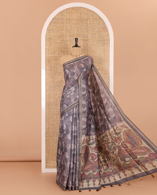Grey circle abstract printed fancy tussar saree, tissue border, pallu of kalamkari peacock print, and kalamkari floral printed blouse