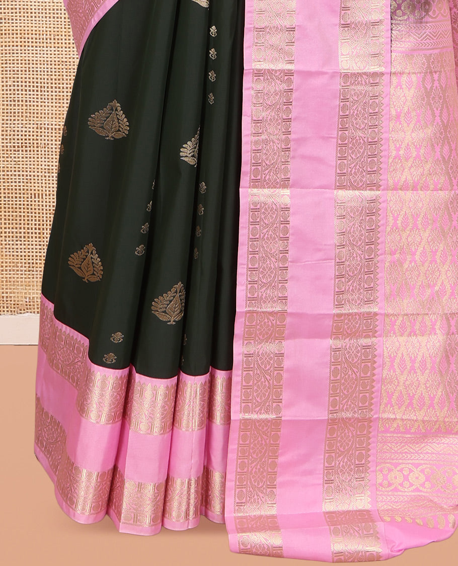 Bottle Green-Light Pink Zari Buttas Budget Silk Saree, Contrast Rettai Pettu Border, Grand Pallu, a Contrast Blouse