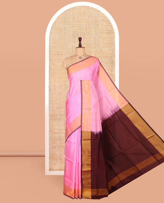 Pink Plain Uppada Silk Saree, Complemented by a Contrast Zari Border, Contrast Plain Pallu, and a Contrast Blouse