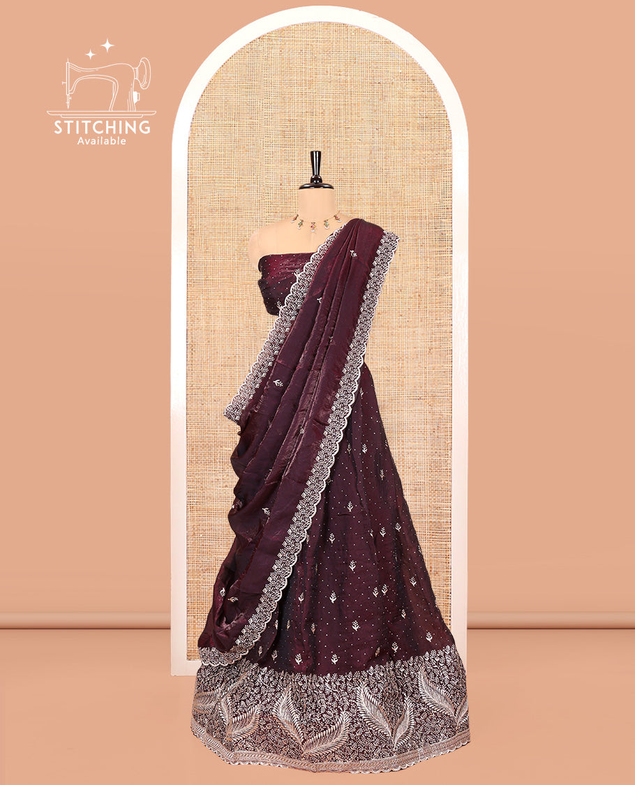 Wine Fendi Organza Half-Saree, with Embroidered Buttas on Its Skirt, Embroidered Scallop Border, Paired with a Matching Blouse, and an Embroidered Fendi Organza Scallop Dhavani