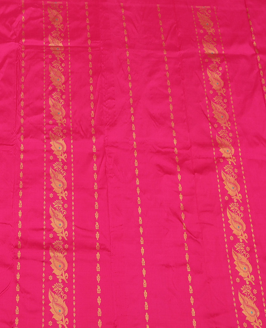 Pink Pure Silk Half-Saree, Decked Up with Zari Designs on Its Body, Complemented by a Contrast Floral Zari Design Border, Complemented by a Contrast Blouse, and Paired with a Contrast Dhavani of Floral Designs