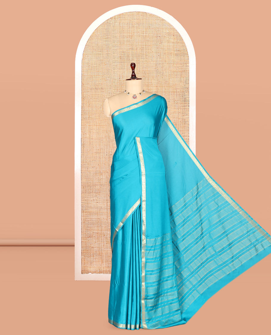 Rama Blue Plain Semi-Mysore Saree, a Zari Elephant-Peacock Butta Border, Striped Pallu, Matching Blouse